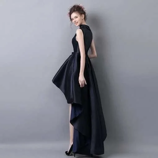 blue and black high low dress Halter Neck 2 Pieces High Low Backless Navy Blue Prom Dress, Navy Blue   abcprom