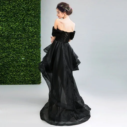 black high low homecoming dresses ZAPAKA Women Black Prom Dress Off the Shoulder Satin Asymmetrical A Line Strapless High-Low Formal Dress, Black / US14 main image 0