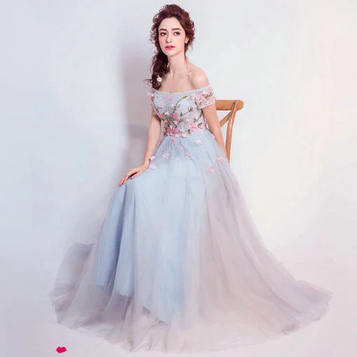 chinese dress ladies Off Shoulder Light Blue Pink Satin Long Prom Dress with High Split, Li –  abcprom main image 0