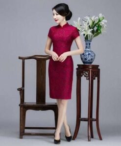 Red Lace Cheongsam Dress Short