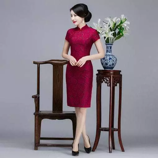 Red Lace Cheongsam Dress Short