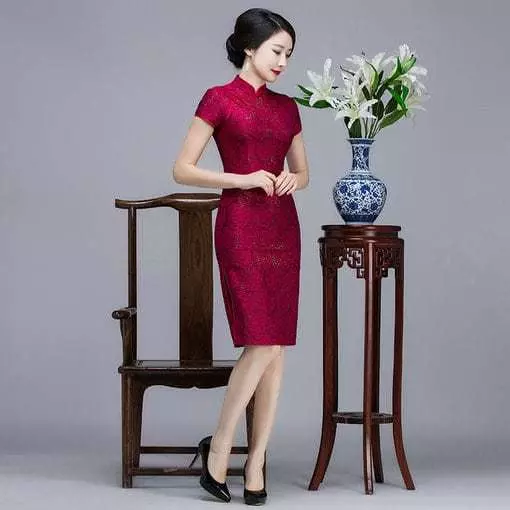Red Lace Cheongsam Dress Short - Image 4
