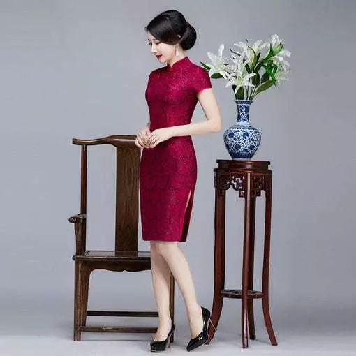 Red Lace Cheongsam Dress Short - Image 3
