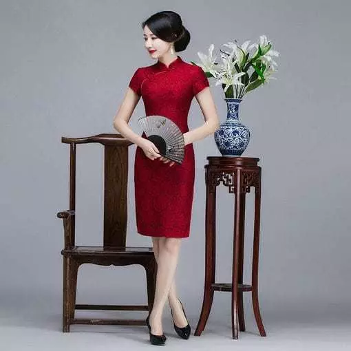 Red Lace Cheongsam Dress Short - Image 5