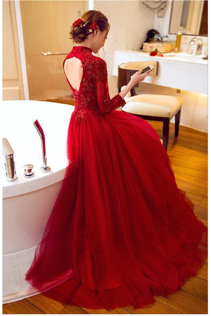 PREMIUM GRADE MUSLIM RED LONG SLEEVE BALL GOWN, Women's Fashion, Dresses &  Sets, Evening Dresses & Gowns on Carousell