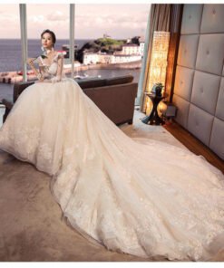 V Neck Long Sleeves Lace Wedding Dress With Long Train On Sale