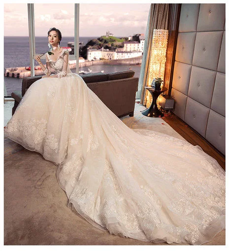 V Neck Long Sleeves Lace Wedding Dress With Long Train On Sale