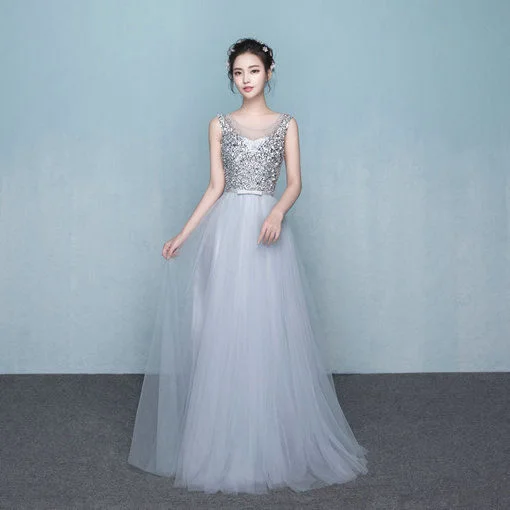 V Neck Aline Grey Prom Dress Princess Lace up Evening Dress