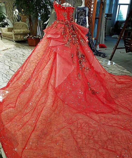 Alternative view of Haute Couture Ball Gown Embroidery Red Wedding Dress Online