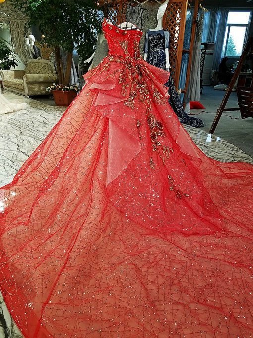 Haute Couture Ball Gown Embroidery Red Wedding Dress Online - Image 2