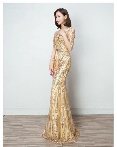 Gold Evening Gown Mermaid Evening Prom Dress With Sleeves - Cheap Prom ...