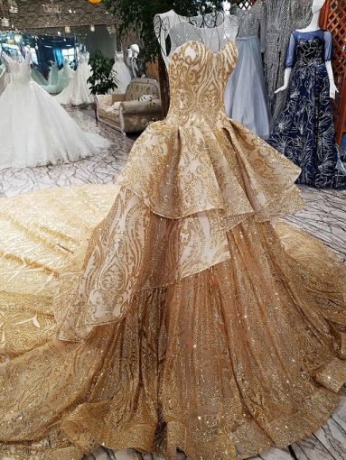 Haute Couture Gold Wedding Dress Train Floor Length