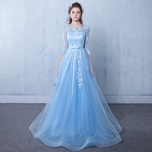 Affordable A Line Prom Dress  Long Sleeve Light  Blue  Party 