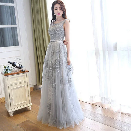 A Line Grey Lace Evening Dress Long Prom Dress Online