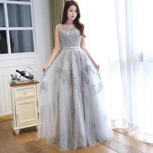 A Line Grey Lace Evening Dress Long Prom Dress Online