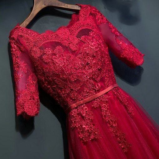 Red Evening Dress With Sleeves Long Prom Dress Wholesale - Image 3
