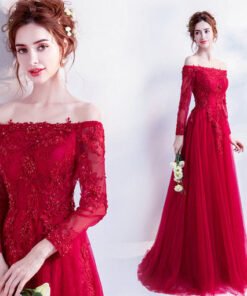 red evening dresses with sleeve 0498-08