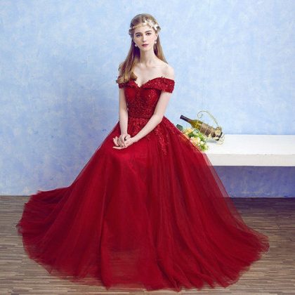 A Line Red Long Evening Prom Dresses