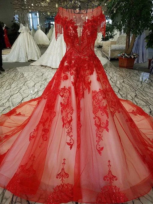 Pretty Red 3D Floral Lace with Blush Tulle Wedding Dress - Promfy