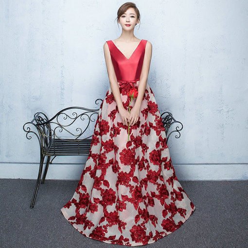 V Neck Prom Dress Blue Long Red Evening Dress - Image 2