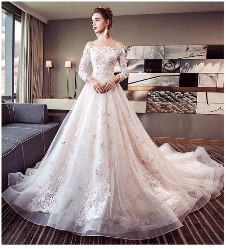 White wedding dress The New French Bride Wedding Word Shoulder Was Thin  Minimalist Hepburn Winter Qi Sen Department Of Ultra-fantasy Fairy wedding  dress for bride (No Trailing (7 piece Set)): Buy Online