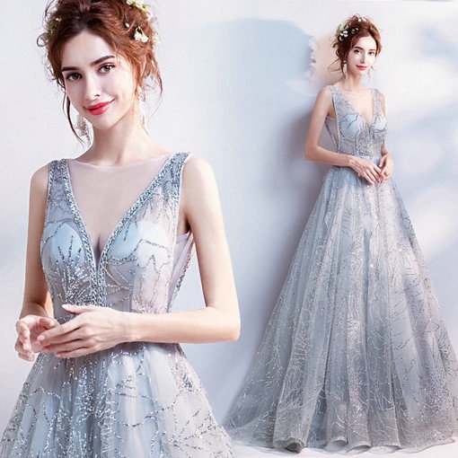 A Line Grey Prom Dress Plus Sizes V Neck Wholesale Under 100 - Image 3