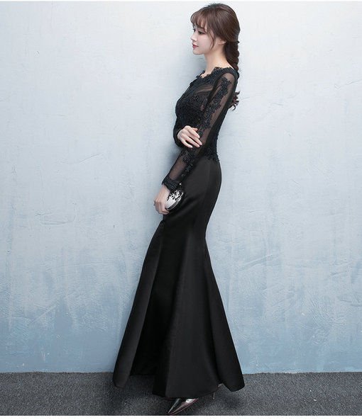 Black Prom Dress Mermaid Long Sleeve Evening Gown