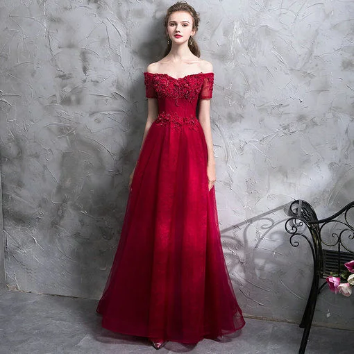 Prom Dress Red Off Shoulder A Line Long Evening Dress