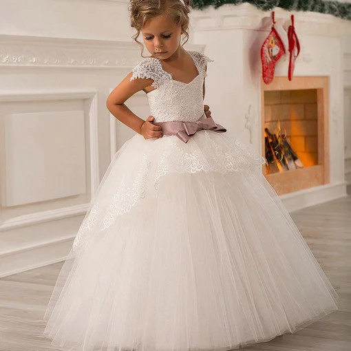 White Dresses For Girls Strap Ball Gown Lace Little Girl Dress