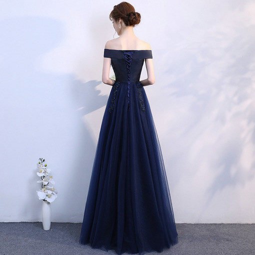 Long Prom Dress Blue Off The Shoulder A Line Bridesmaid Dress - Image 4