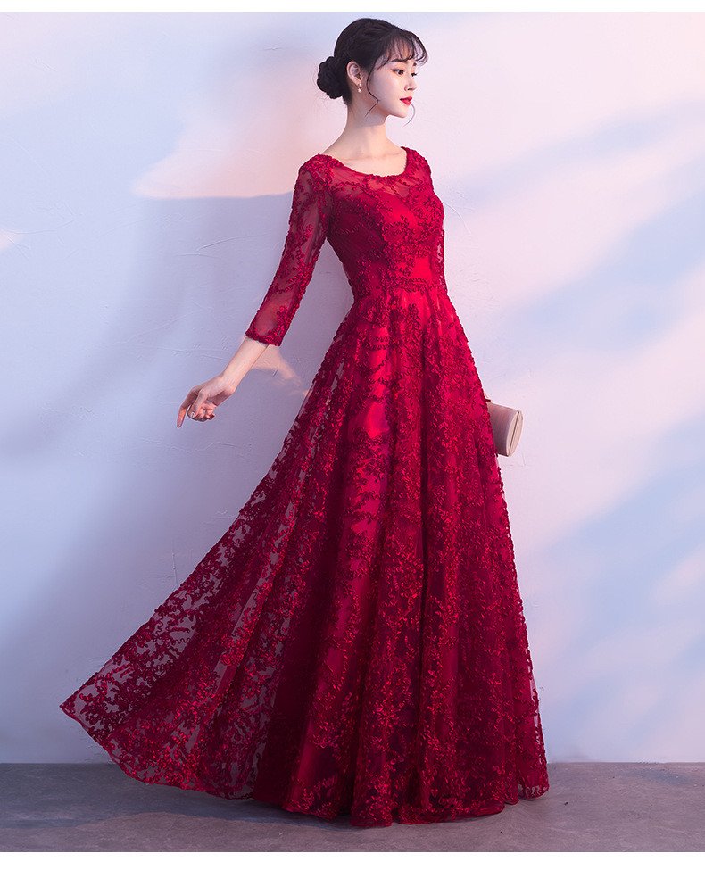Red Party Dress A Line Evening Prom Dress Long Sleeves
