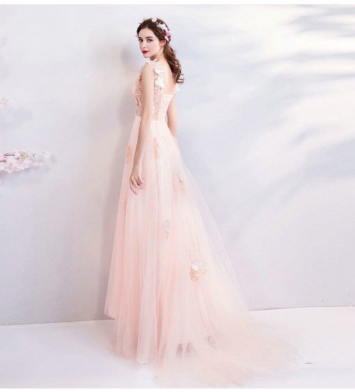 v neck prom dress pink 0682-02