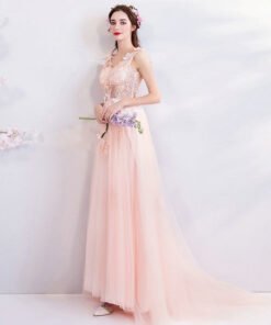 v neck prom dress pink 0682-07