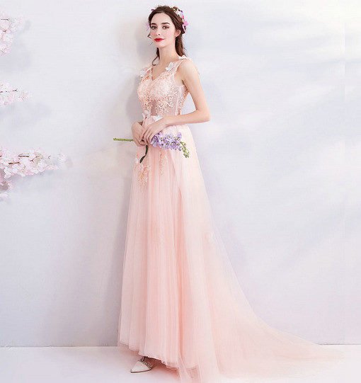 v neck prom dress pink 0682-07