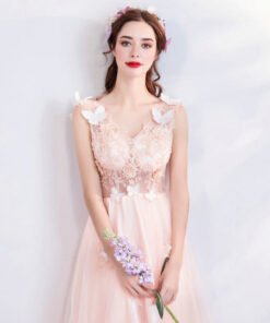 v neck prom dress pink 0682-04