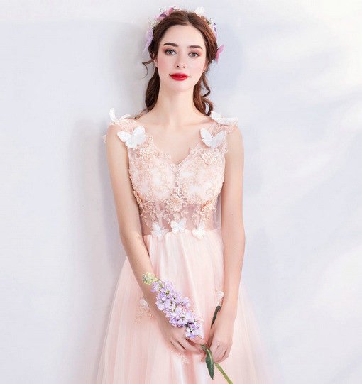 v neck prom dress pink 0682-04