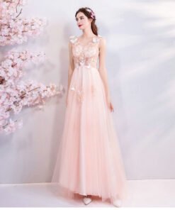 v neck prom dress pink 0682-05
