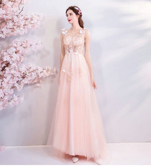 v neck prom dress pink 0682-05