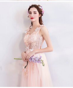 v neck prom dress pink 0682-02