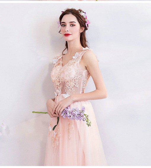 v neck prom dress pink 0682-02