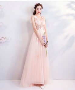 v neck prom dress pink 0682-07