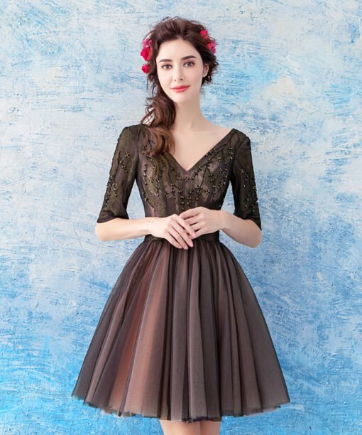 black cocktail dress with sleeves 764-05