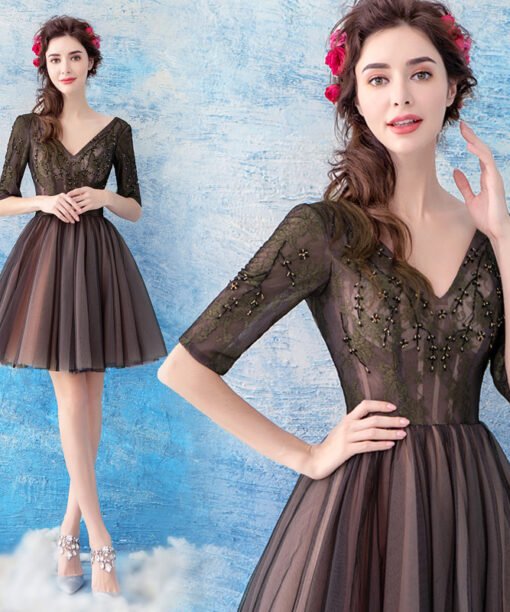 black cocktail dress with sleeves 764-06