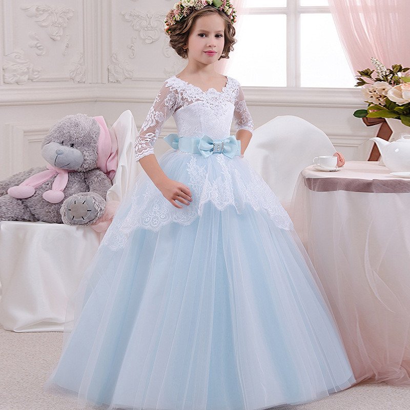 Blue Flower Girl Dresses Lace Ball Gown Little Girl Dress
