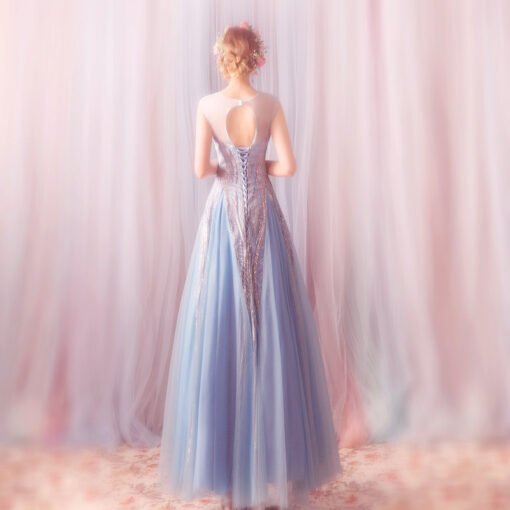Formal Dress Light Blue Gold A Line Prom Evening Party Dress - Image 2