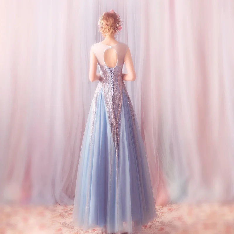 Formal Dress Light Blue Gold A Line Prom Evening Party Dress - Image 2