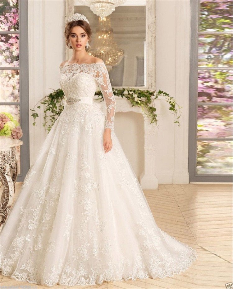 off the shoulder lace a line wedding dress