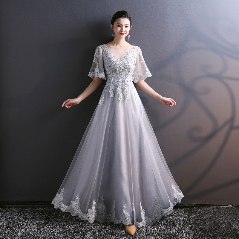 Light Grey Bridesmaid Dress A Line Long Lace Prom Dress