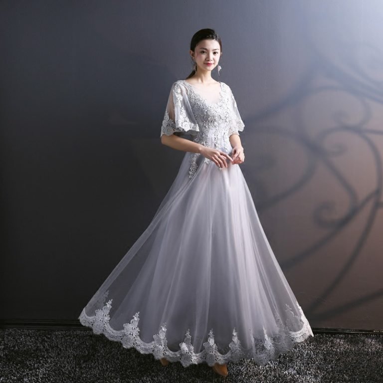 Light Grey Bridesmaid Dress A Line Long Lace Prom Dress