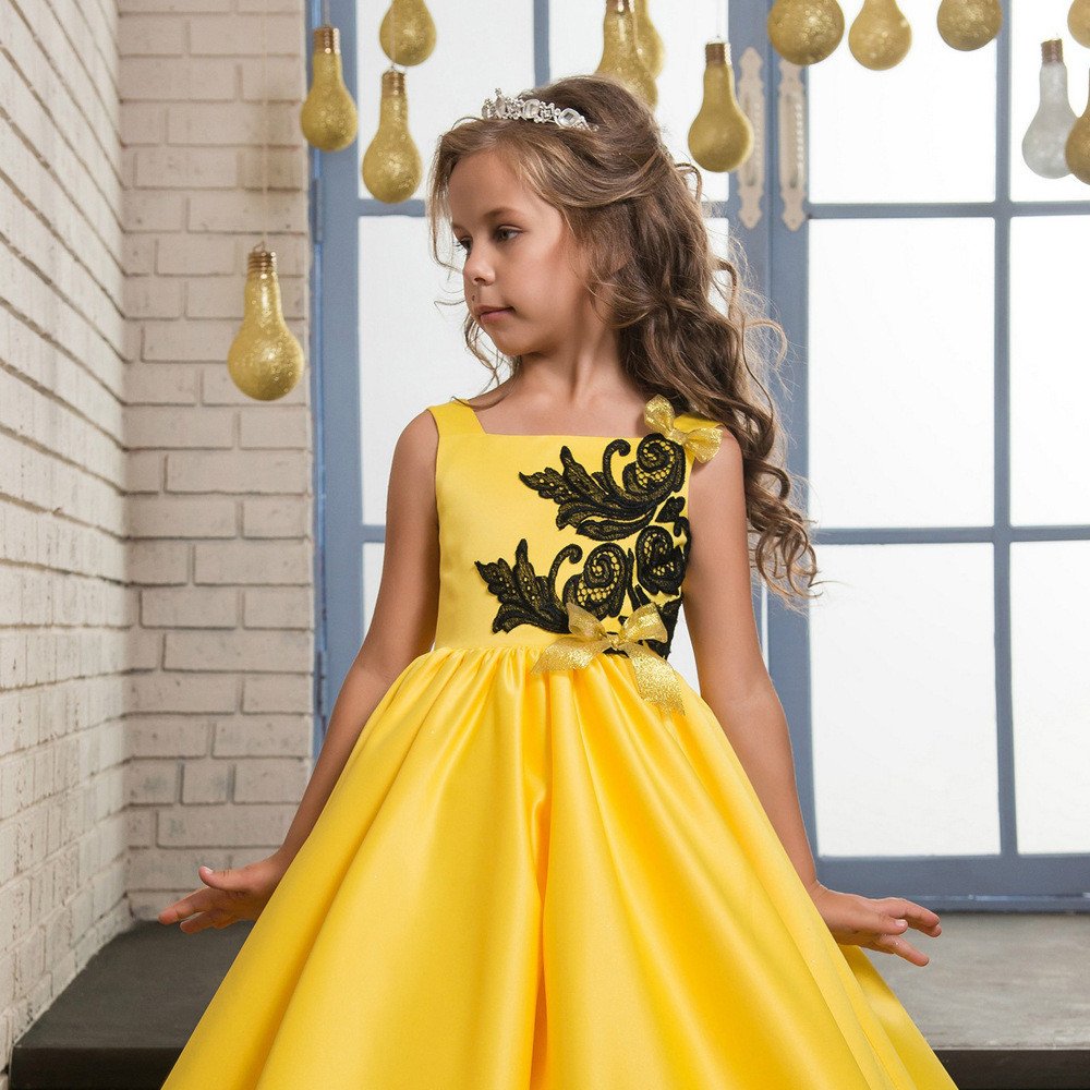 Yellow Flower Girl Dress Black Lace Sleeveless Little Girl